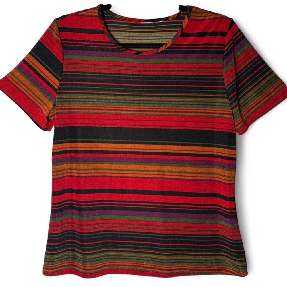 VTG y2K Multicolor Striped Ribbed Knit Short Sleeve Tee Slinky Stretchy sz L/XL